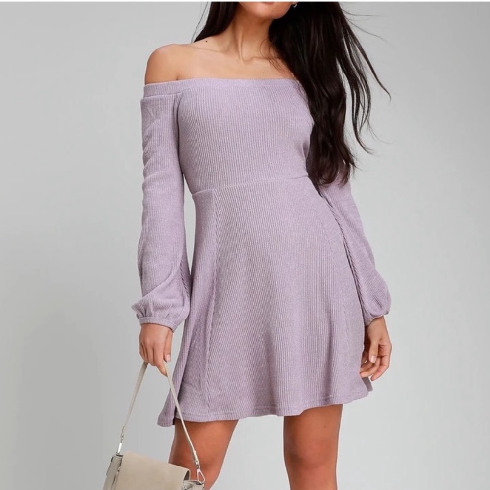 NWT Lulu's Flare Enough Lavender Off-the-Shoulder Skater Dress Small - Picture 7 of 9